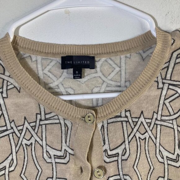 Womens The Limited Linen Blend Cropped Cardigan 3/4 Sleeve S Tan White Black Pat - Picture 4 of 9